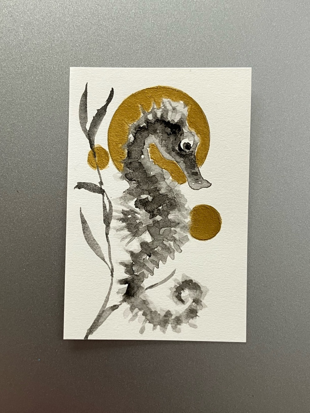 ORIGINAL seahorse seascape painting ocean art miniature realism sumi-e ink USA
